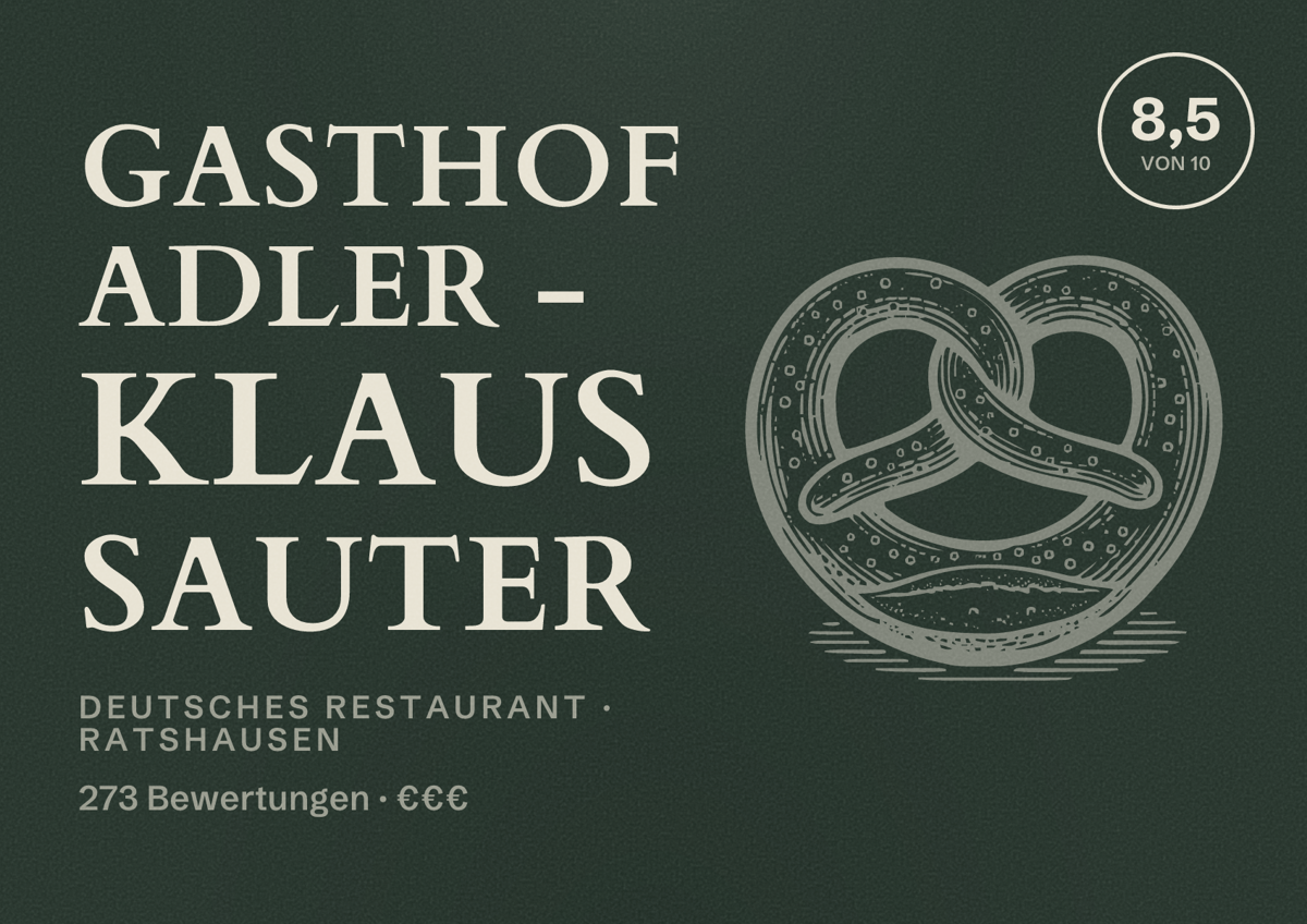 Illustriertes Poster von Gasthof Adler - Klaus Sauter, Deutsches Restaurant in Ratshausen: Bewertung 8,5 von 10 aus 273 Bewertungen, Preisniveau €€€