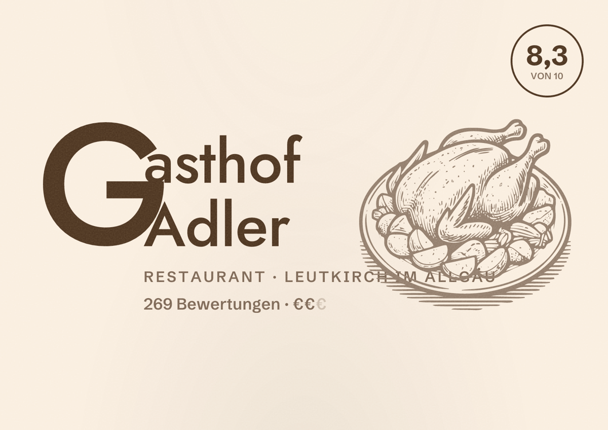 Illustriertes Poster von Gasthof Adler, Restaurant in Leutkirch im Allgäu: Bewertung 8,3 von 10 aus 269 Bewertungen, Preisniveau €€