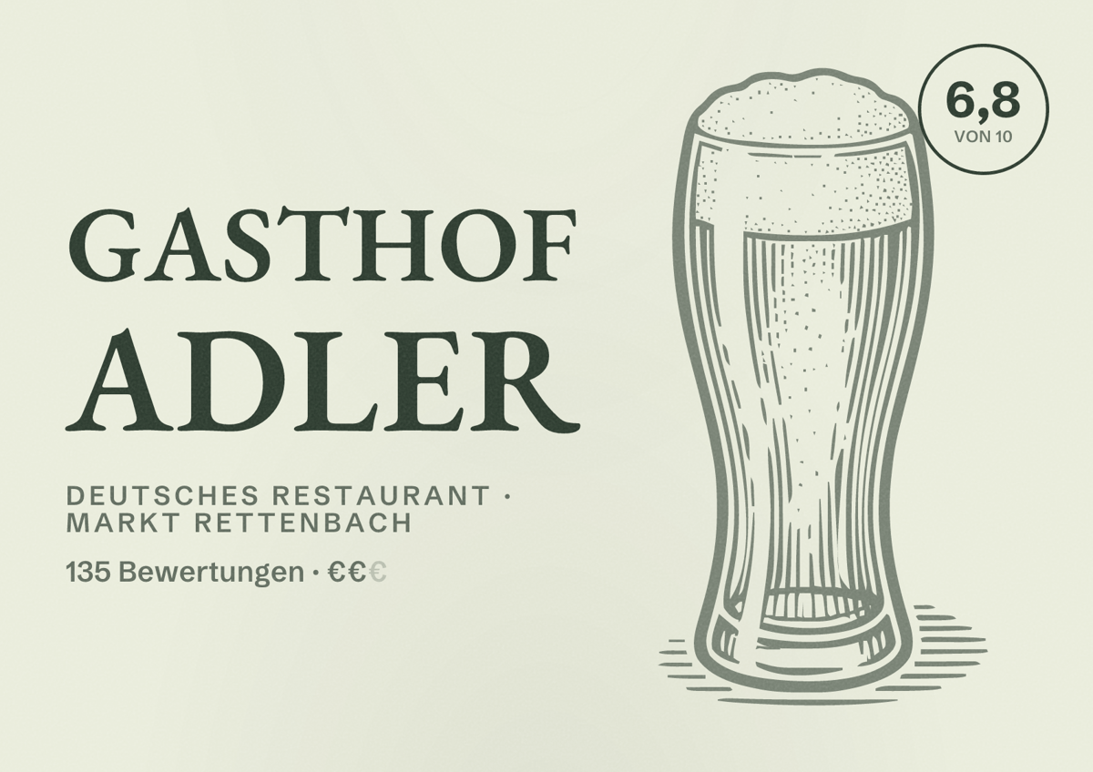 Illustriertes Poster von Gasthof Adler, Deutsches Restaurant in Markt Rettenbach: Bewertung 6,8 von 10 aus 135 Bewertungen, Preisniveau €€