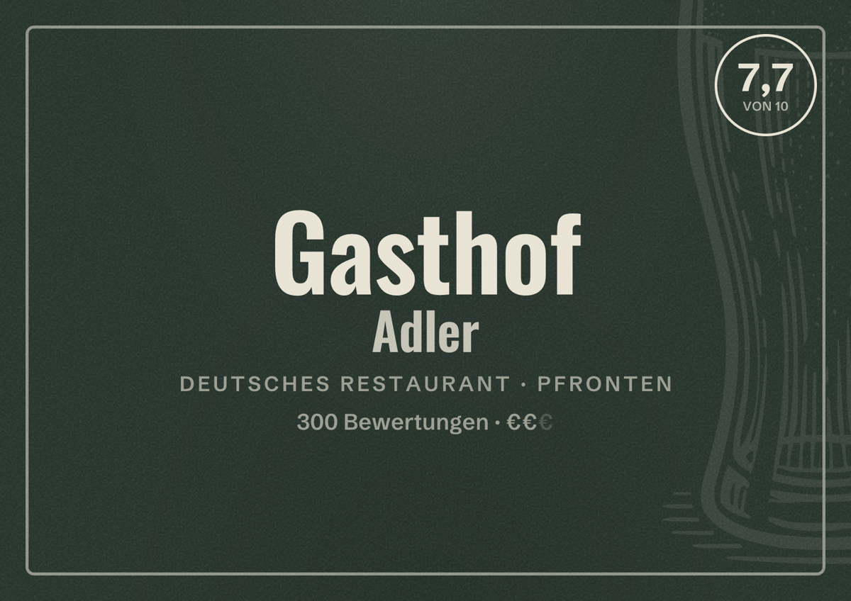 Illustriertes Poster von Gasthof Adler, Deutsches Restaurant in Pfronten: Bewertung 7,7 von 10 aus 300 Bewertungen, Preisniveau €€
