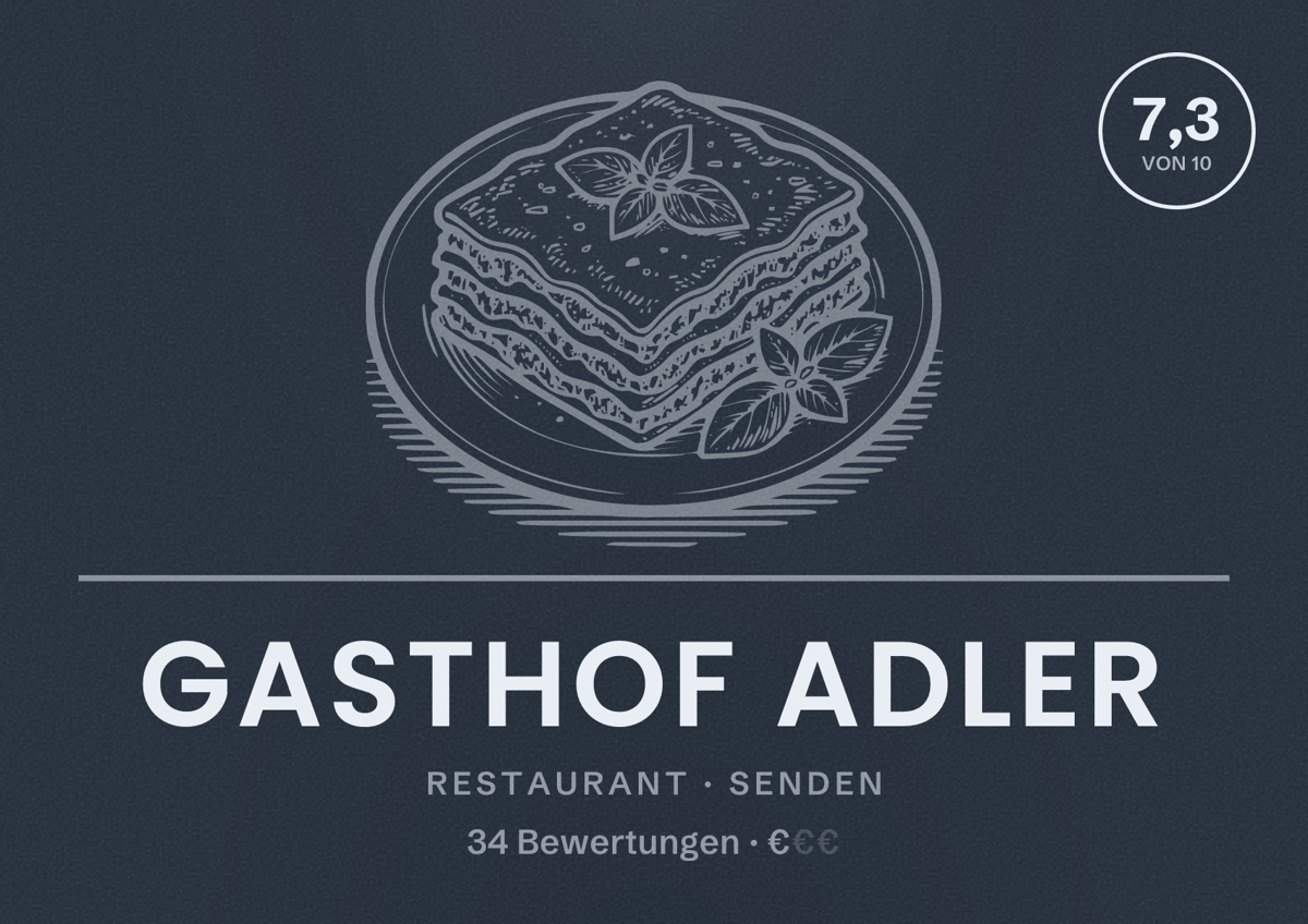 Illustriertes Poster von Gasthof Adler, Restaurant in Senden: Bewertung 7,3 von 10 aus 34 Bewertungen, Preisniveau €