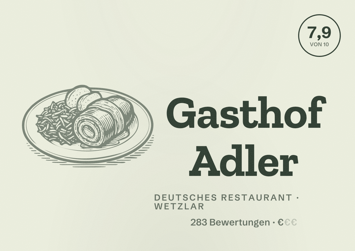 Illustriertes Poster von Gasthof Adler, Deutsches Restaurant in Wetzlar: Bewertung 7,9 von 10 aus 283 Bewertungen, Preisniveau €