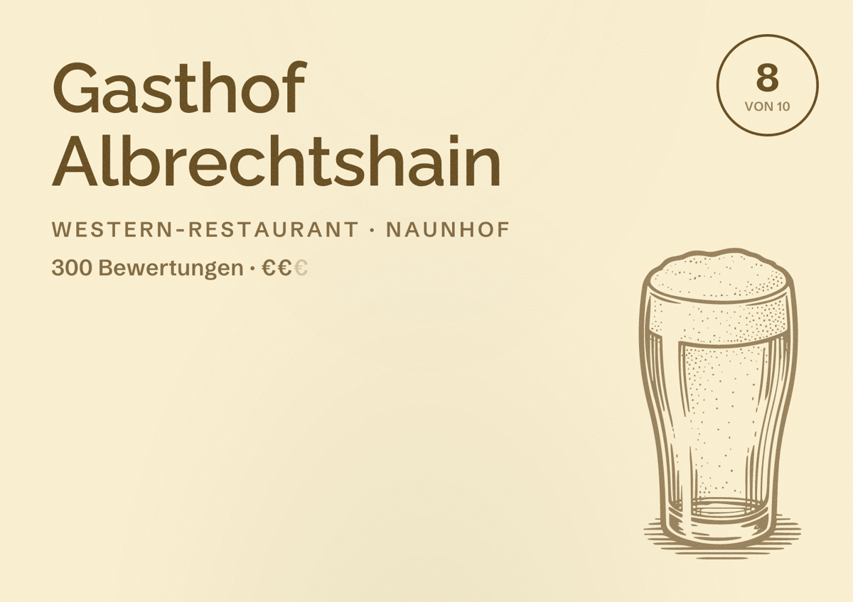Illustriertes Poster von Gasthof Albrechtshain, Western-Restaurant in Naunhof: Bewertung 8 von 10 aus 300 Bewertungen, Preisniveau €€