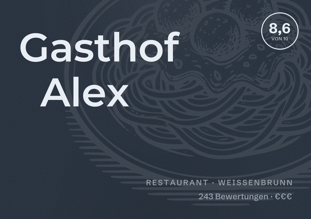 Illustriertes Poster von Gasthof Alex, Restaurant in Weißenbrunn: Bewertung 8,6 von 10 aus 243 Bewertungen, Preisniveau €€€