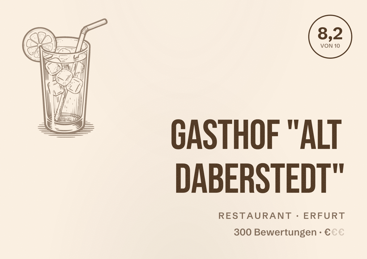 Illustriertes Poster von Gasthof "Alt Daberstedt", Restaurant in Erfurt: Bewertung 8,2 von 10 aus 300 Bewertungen, Preisniveau €