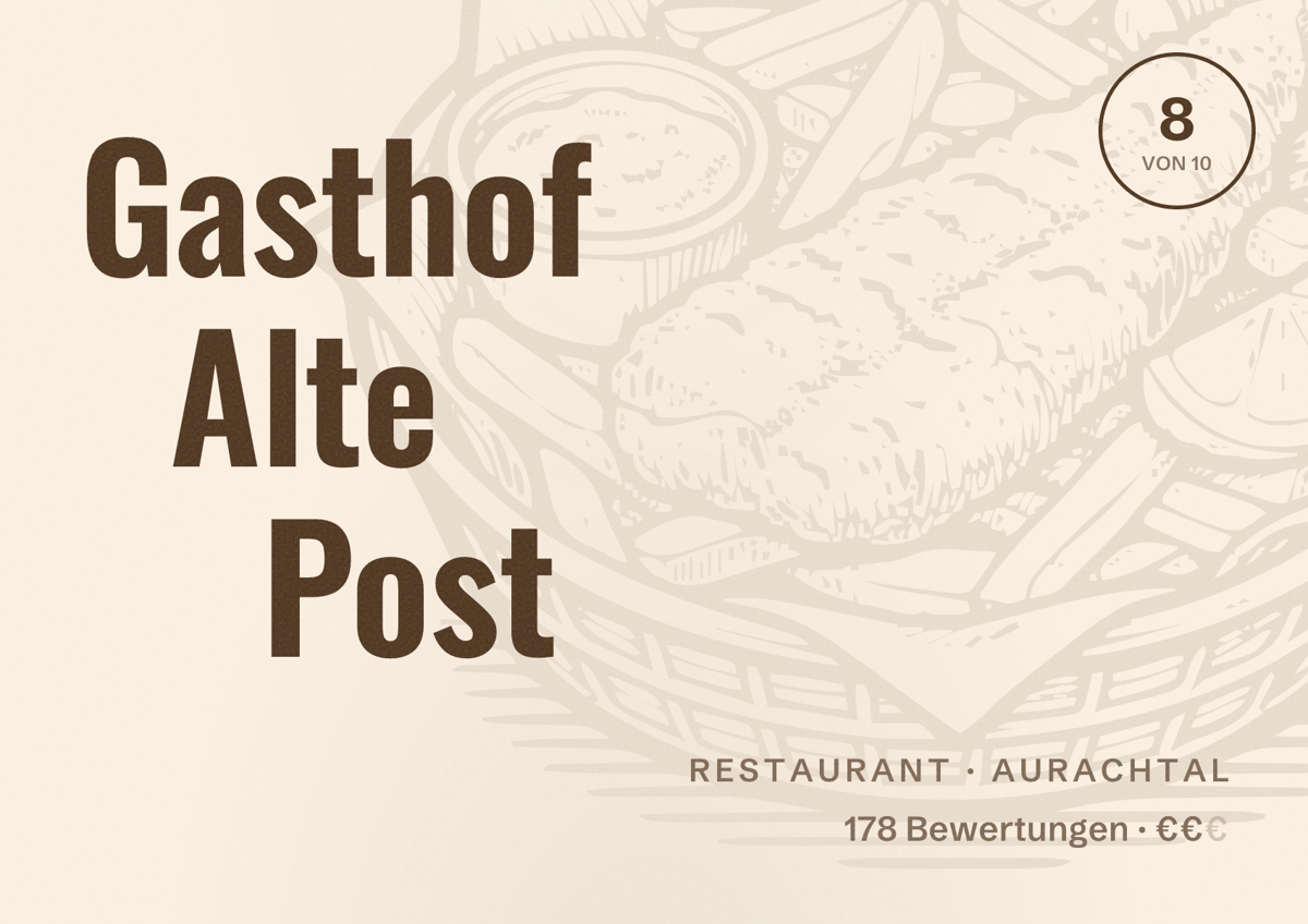 Illustriertes Poster von Gasthof Alte Post, Restaurant in Aurachtal: Bewertung 8 von 10 aus 178 Bewertungen, Preisniveau €€