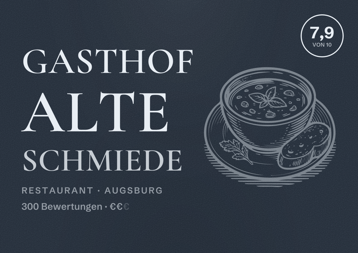 Illustriertes Poster von Gasthof Alte Schmiede, Restaurant in Augsburg: Bewertung 7,9 von 10 aus 300 Bewertungen, Preisniveau €€
