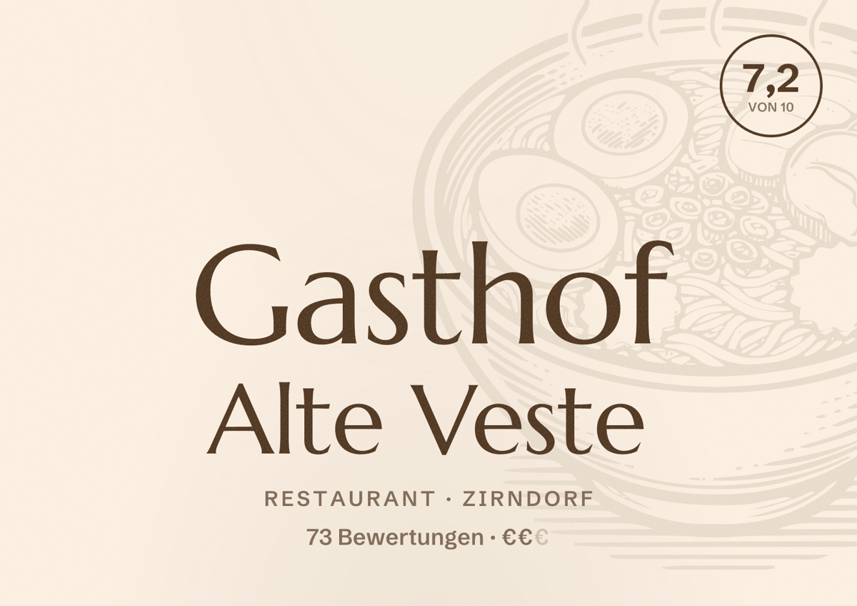 Illustriertes Poster von Gasthof Alte Veste, Restaurant in Zirndorf: Bewertung 7,2 von 10 aus 73 Bewertungen, Preisniveau €€