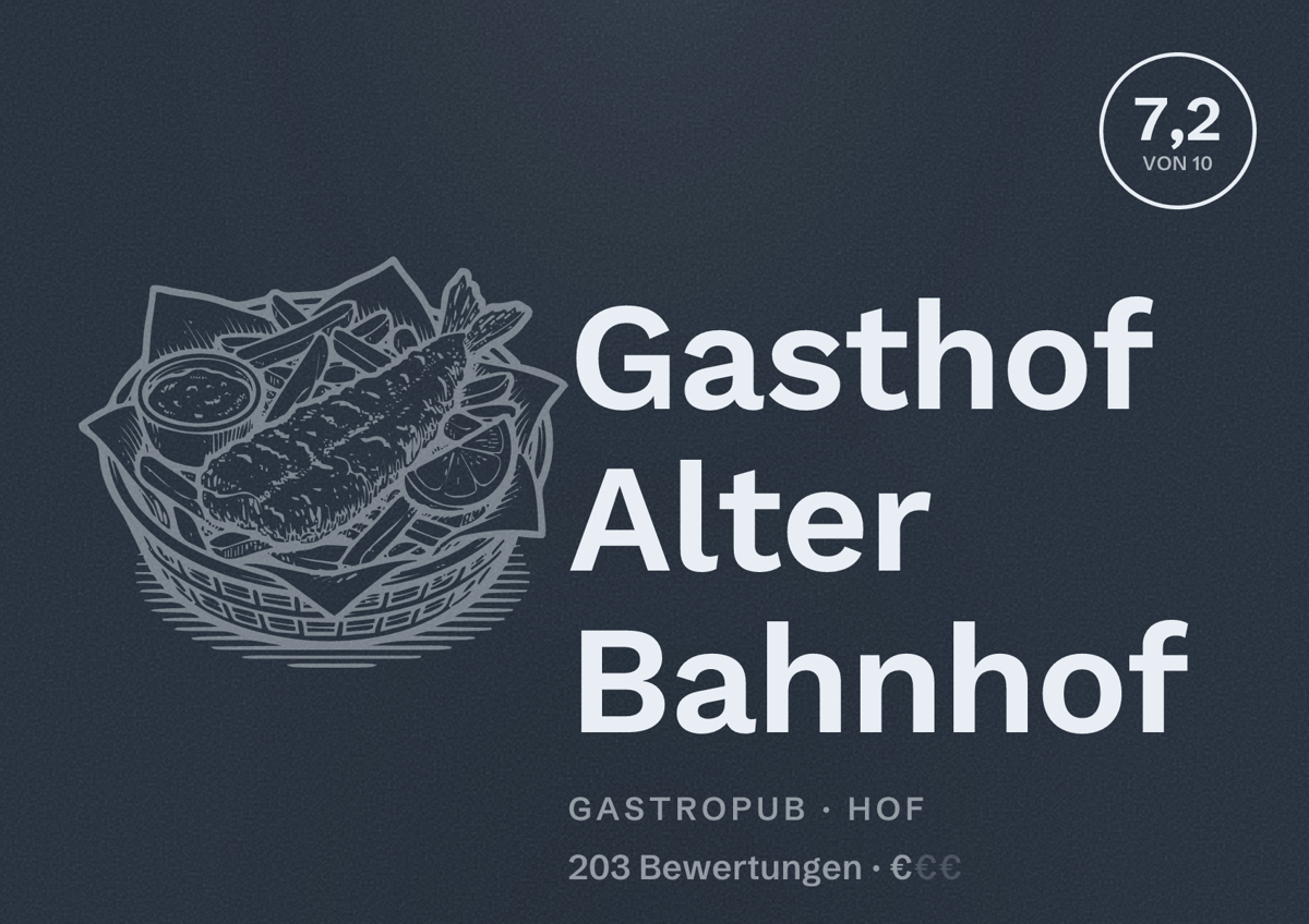 Illustriertes Poster von Gasthof Alter Bahnhof, Gastropub in Hof: Bewertung 7,2 von 10 aus 203 Bewertungen, Preisniveau €