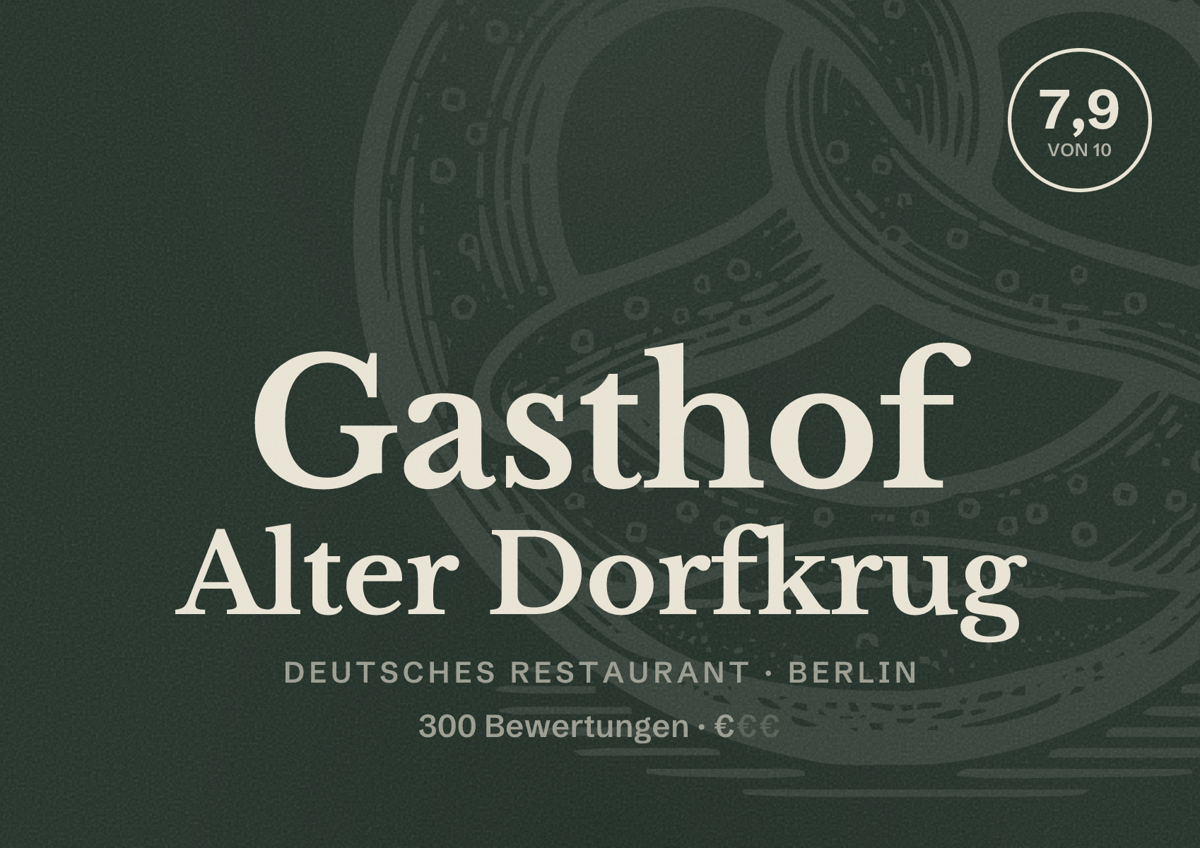 Illustriertes Poster von Gasthof Alter Dorfkrug, Deutsches Restaurant in Berlin: Bewertung 7,9 von 10 aus 300 Bewertungen, Preisniveau €