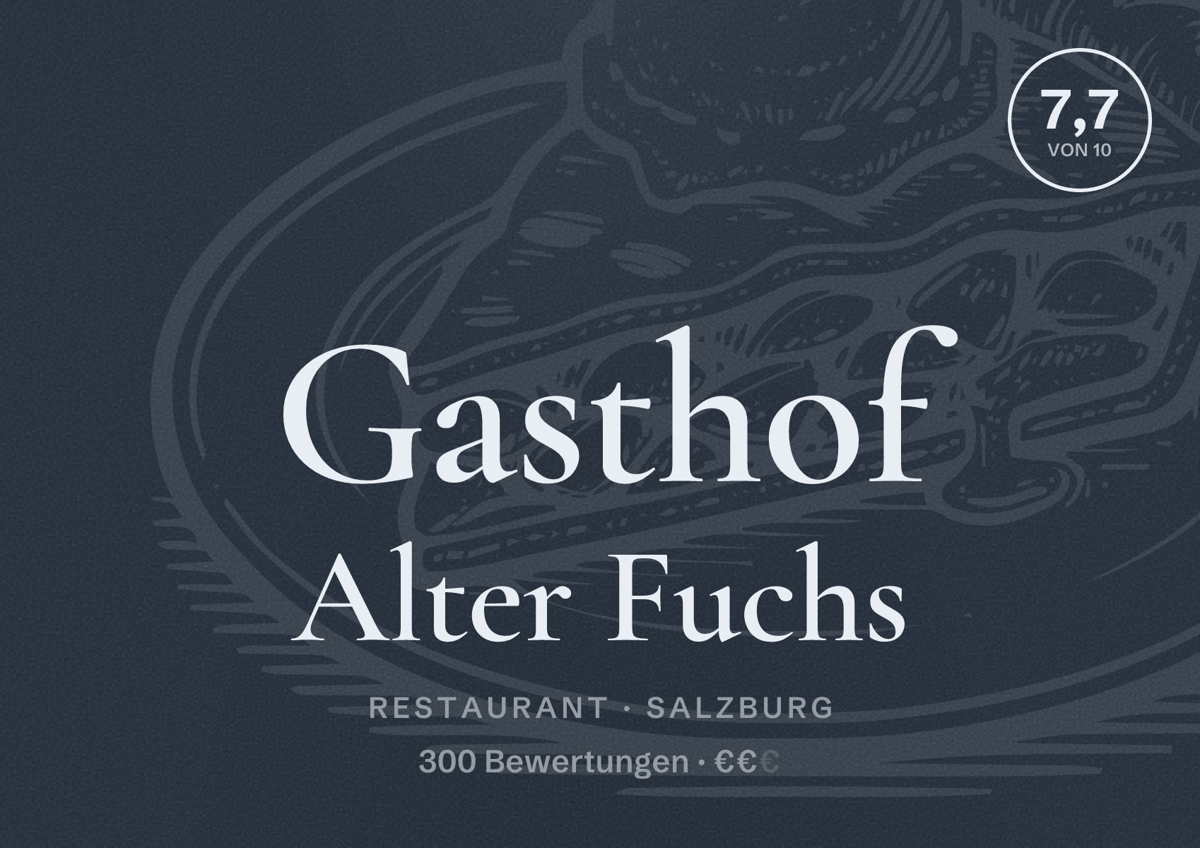 Illustriertes Poster von Gasthof Alter Fuchs, Restaurant in Salzburg: Bewertung 7,7 von 10 aus 300 Bewertungen, Preisniveau €€