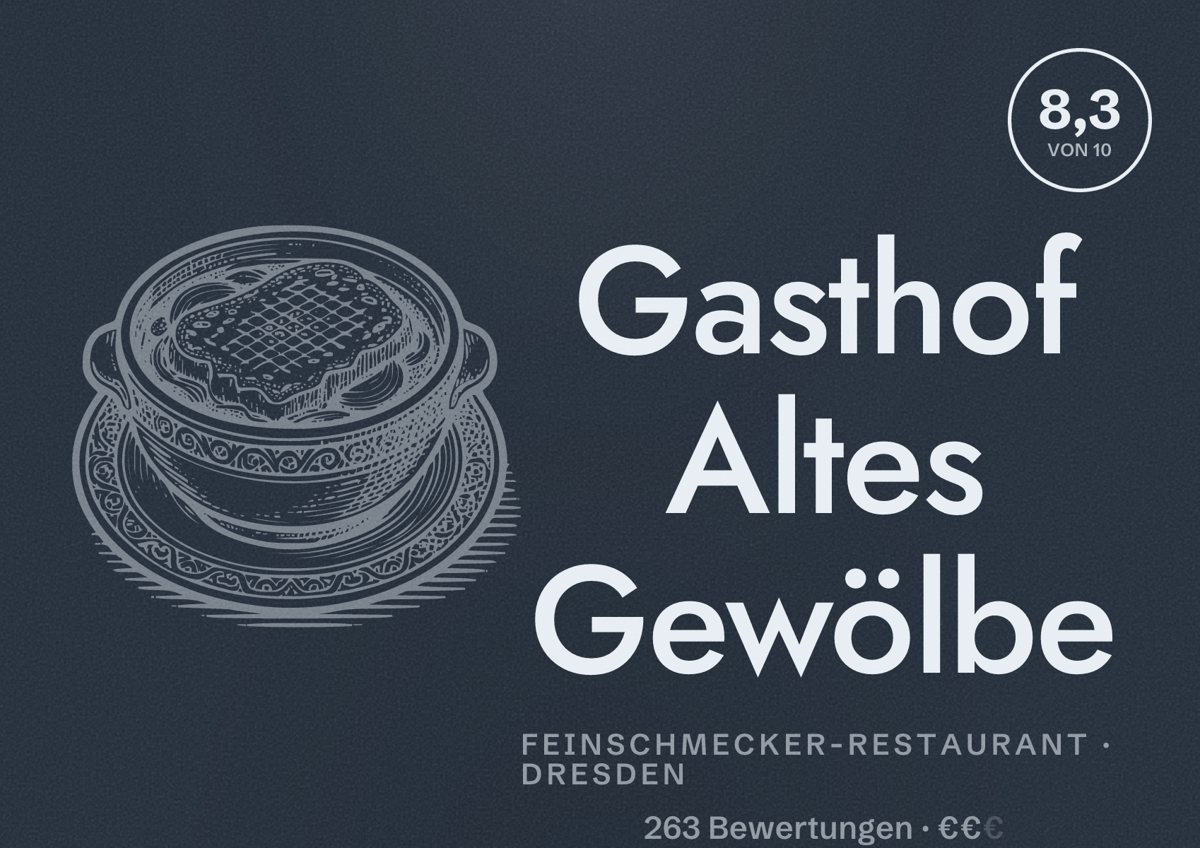 Illustriertes Poster von Gasthof Altes Gewölbe, Feinschmecker-Restaurant in Dresden: Bewertung 8,3 von 10 aus 263 Bewertungen, Preisniveau €€