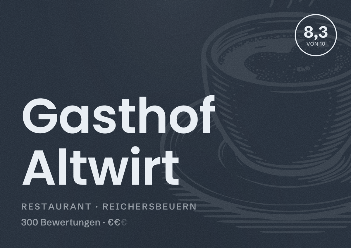 Illustriertes Poster von Gasthof Altwirt, Restaurant in Reichersbeuern: Bewertung 8,3 von 10 aus 300 Bewertungen, Preisniveau €€