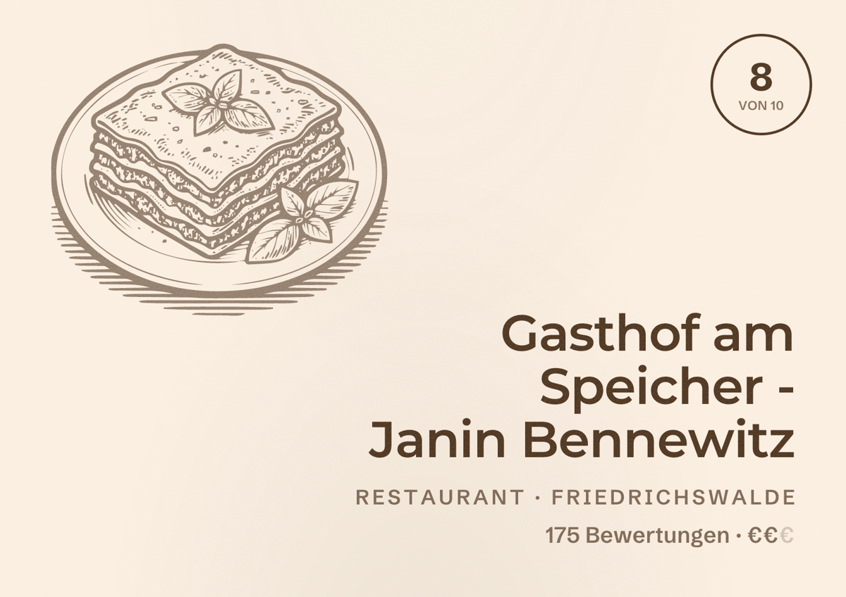 Illustriertes Poster von Gasthof am Speicher - Janin Bennewitz, Restaurant in Friedrichswalde: Bewertung 8 von 10 aus 175 Bewertungen, Preisniveau €€