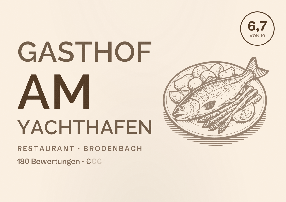 Illustriertes Poster von Gasthof Am Yachthafen, Restaurant in Brodenbach: Bewertung 6,7 von 10 aus 180 Bewertungen, Preisniveau €