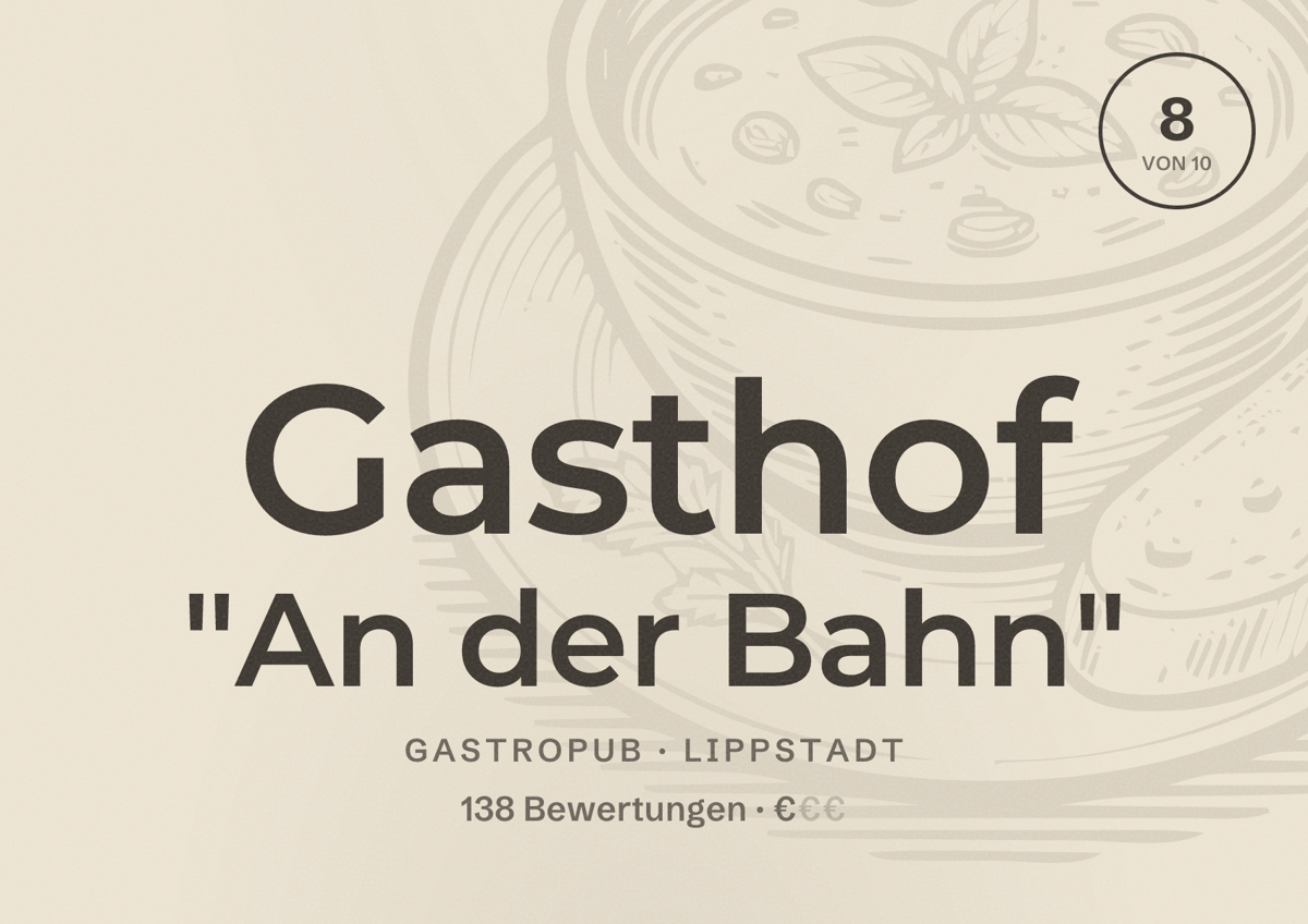 Illustriertes Poster von Gasthof "An der Bahn", Gastropub in Lippstadt: Bewertung 8 von 10 aus 138 Bewertungen, Preisniveau €