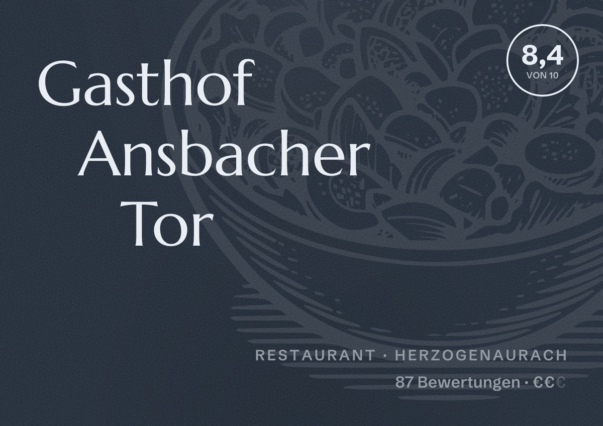 Illustriertes Poster von Gasthof Ansbacher Tor, Restaurant in Herzogenaurach: Bewertung 8,4 von 10 aus 87 Bewertungen, Preisniveau €€