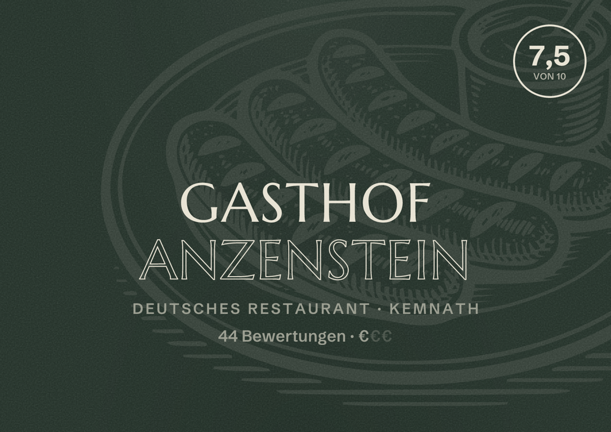 Illustriertes Poster von Gasthof Anzenstein, Deutsches Restaurant in Kemnath: Bewertung 7,5 von 10 aus 44 Bewertungen, Preisniveau €