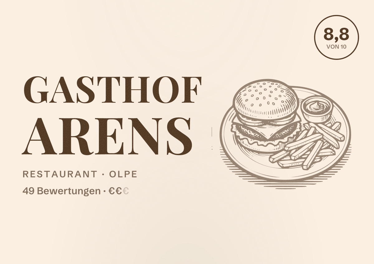 Illustriertes Poster von Gasthof Arens, Restaurant in Olpe: Bewertung 8,8 von 10 aus 49 Bewertungen, Preisniveau €€