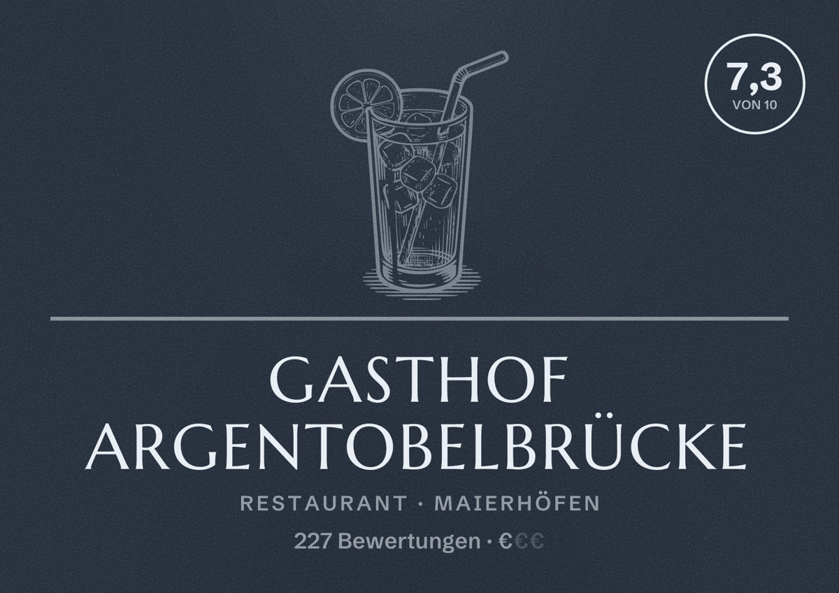 Illustriertes Poster von Gasthof Argentobelbrücke, Restaurant in Maierhöfen: Bewertung 7,3 von 10 aus 227 Bewertungen, Preisniveau €