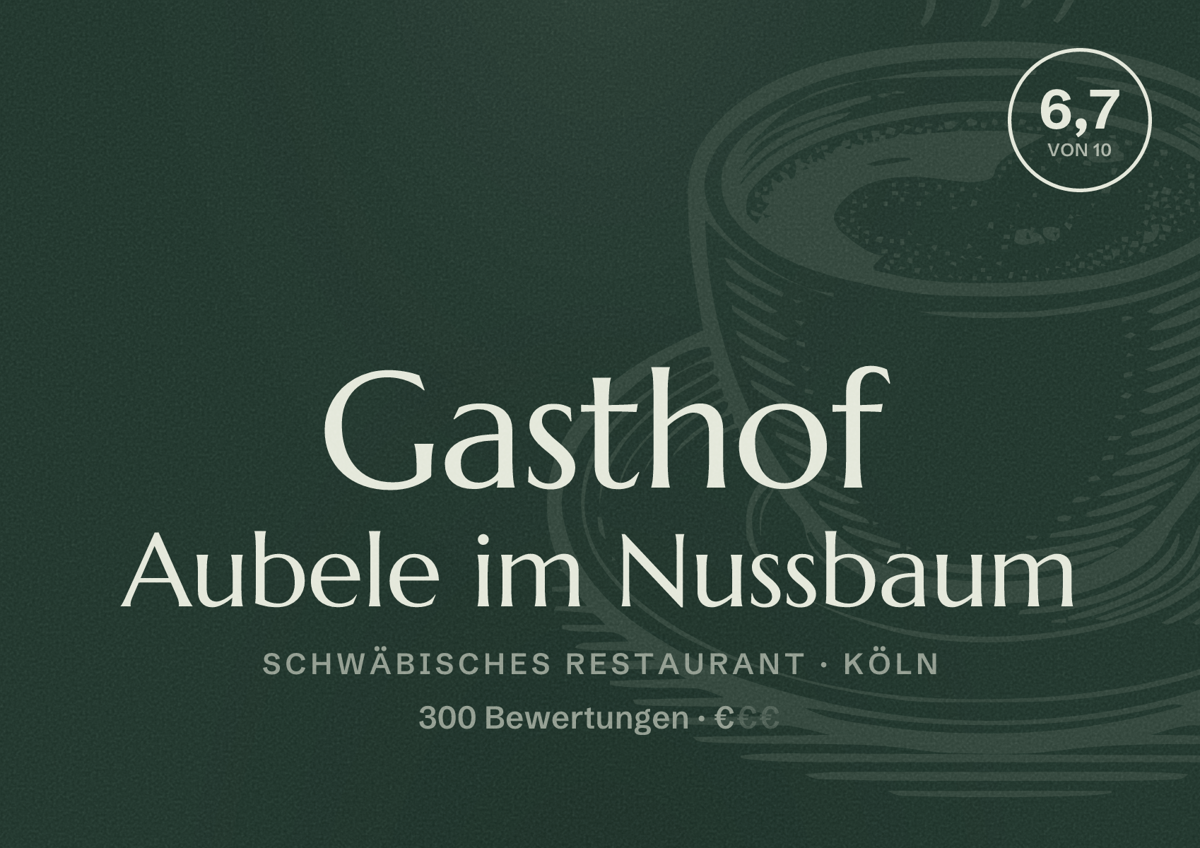 Illustriertes Poster von Gasthof Aubele im Nussbaum, Schwäbisches Restaurant in Köln: Bewertung 6,7 von 10 aus 300 Bewertungen, Preisniveau €