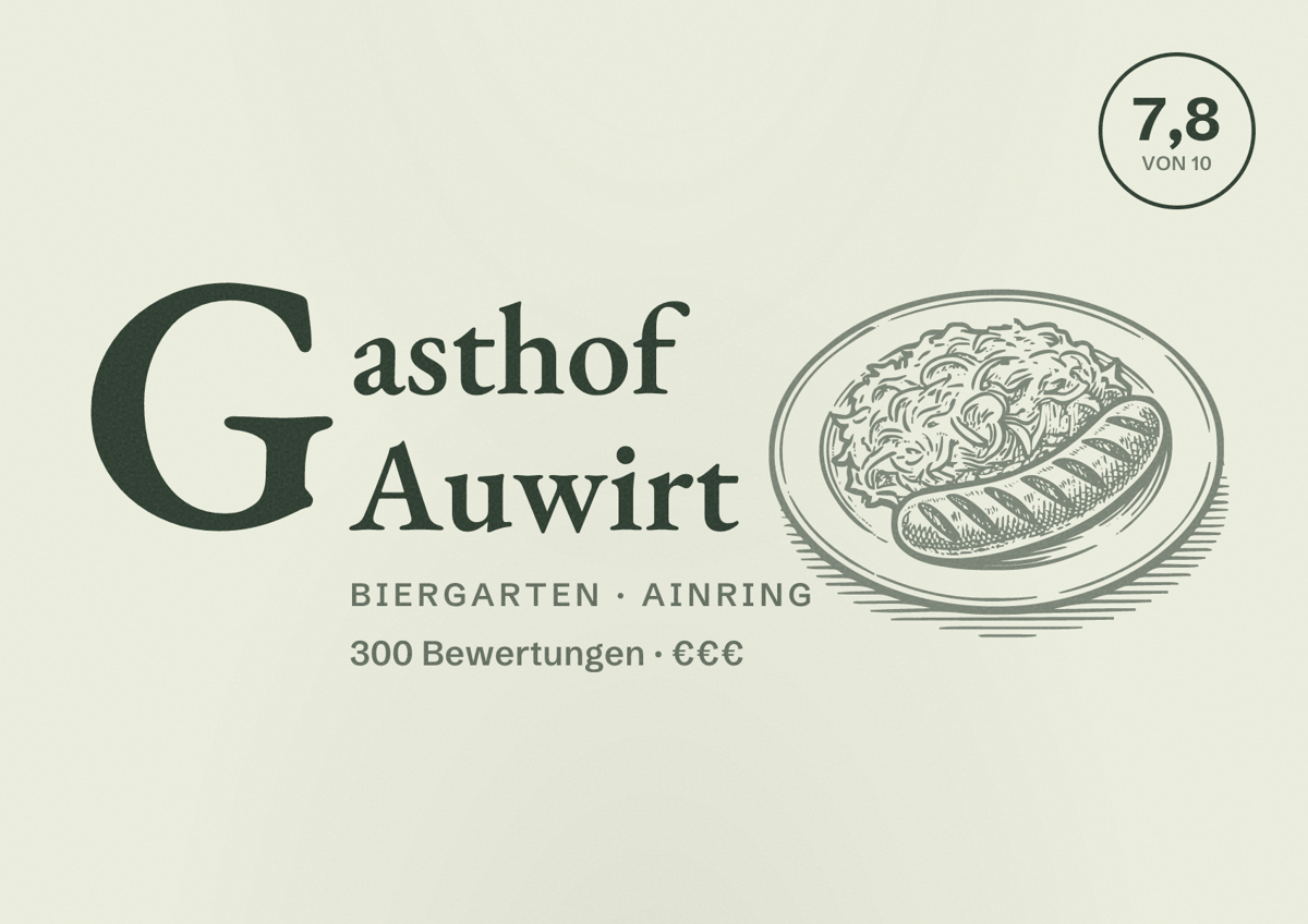 Illustriertes Poster von Gasthof Auwirt, Biergarten in Ainring: Bewertung 7,8 von 10 aus 300 Bewertungen, Preisniveau €€€
