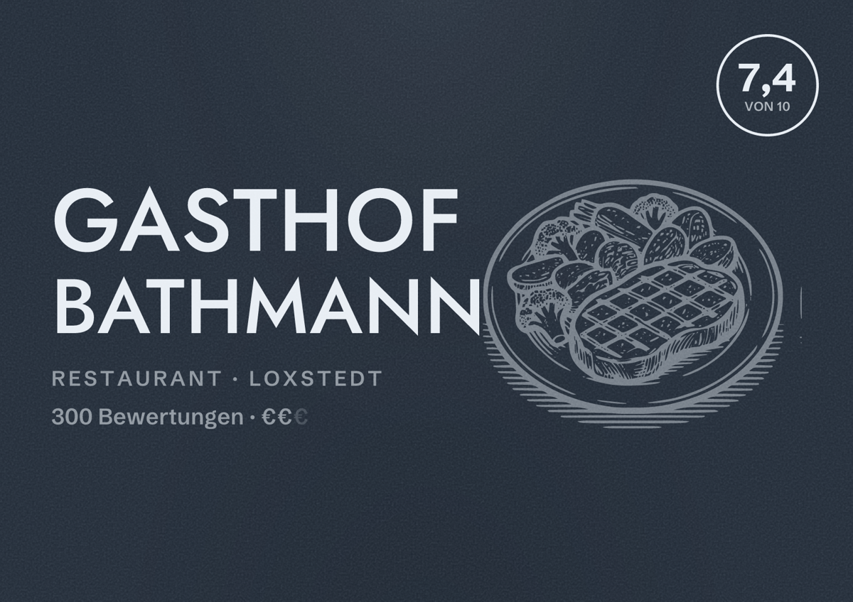 Illustriertes Poster von Gasthof Bathmann, Restaurant in Loxstedt: Bewertung 7,4 von 10 aus 300 Bewertungen, Preisniveau €€