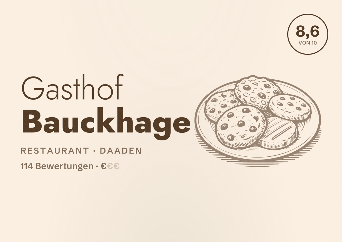 Illustriertes Poster von Gasthof Bauckhage, Restaurant in Daaden: Bewertung 8,6 von 10 aus 114 Bewertungen, Preisniveau €