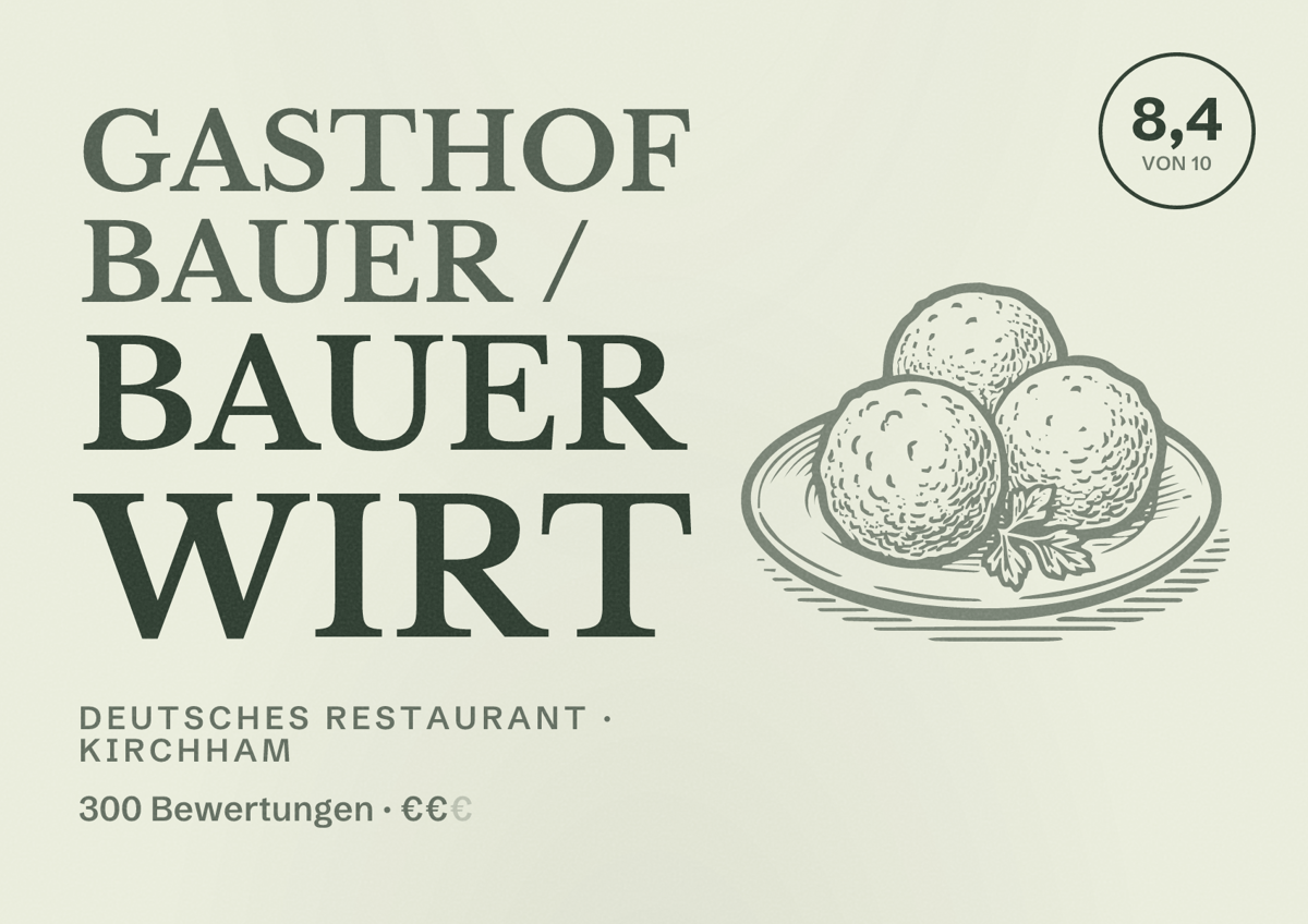 Illustriertes Poster von Gasthof Bauer / Bauer Wirt, Deutsches Restaurant in Kirchham: Bewertung 8,4 von 10 aus 300 Bewertungen, Preisniveau €€