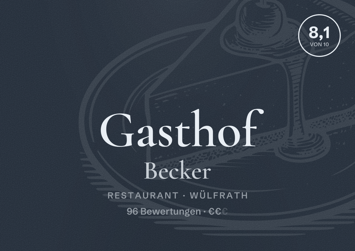 Illustriertes Poster von Gasthof Becker, Restaurant in Wülfrath: Bewertung 8,1 von 10 aus 96 Bewertungen, Preisniveau €€