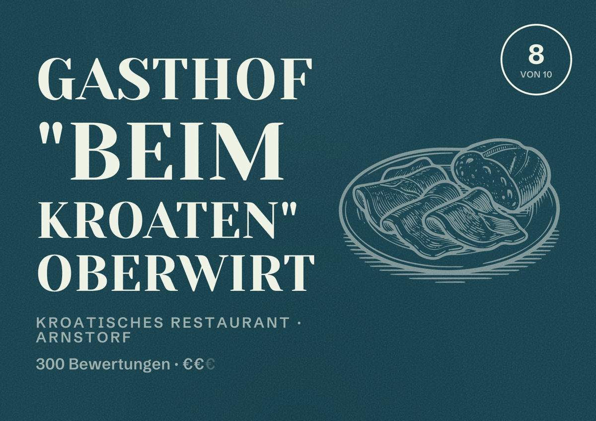 Illustriertes Poster von Gasthof "Beim Kroaten" Oberwirt, Kroatisches Restaurant in Arnstorf: Bewertung 8 von 10 aus 300 Bewertungen, Preisniveau €€