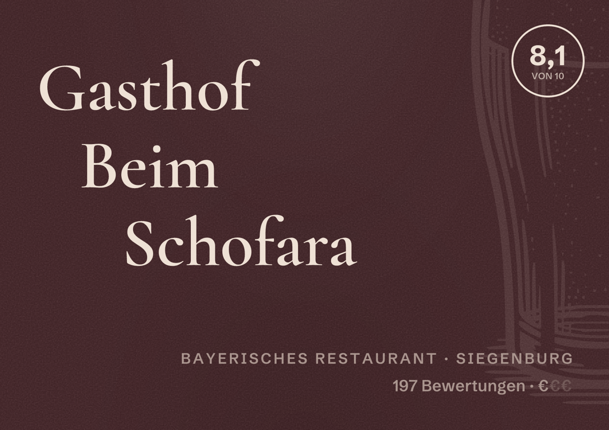 Illustriertes Poster von Gasthof Beim Schofara, Bayerisches Restaurant in Siegenburg: Bewertung 8,1 von 10 aus 197 Bewertungen, Preisniveau €