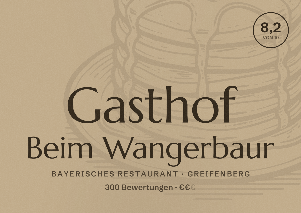 Illustriertes Poster von Gasthof Beim Wangerbaur, Bayerisches Restaurant in Greifenberg: Bewertung 8,2 von 10 aus 300 Bewertungen, Preisniveau €€