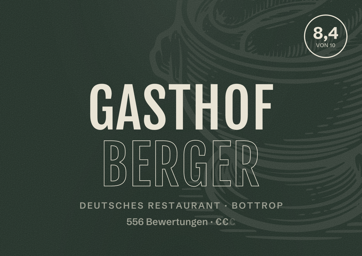Illustriertes Poster von Gasthof Berger, Deutsches Restaurant in Bottrop: Bewertung 8,4 von 10 aus 556 Bewertungen, Preisniveau €€
