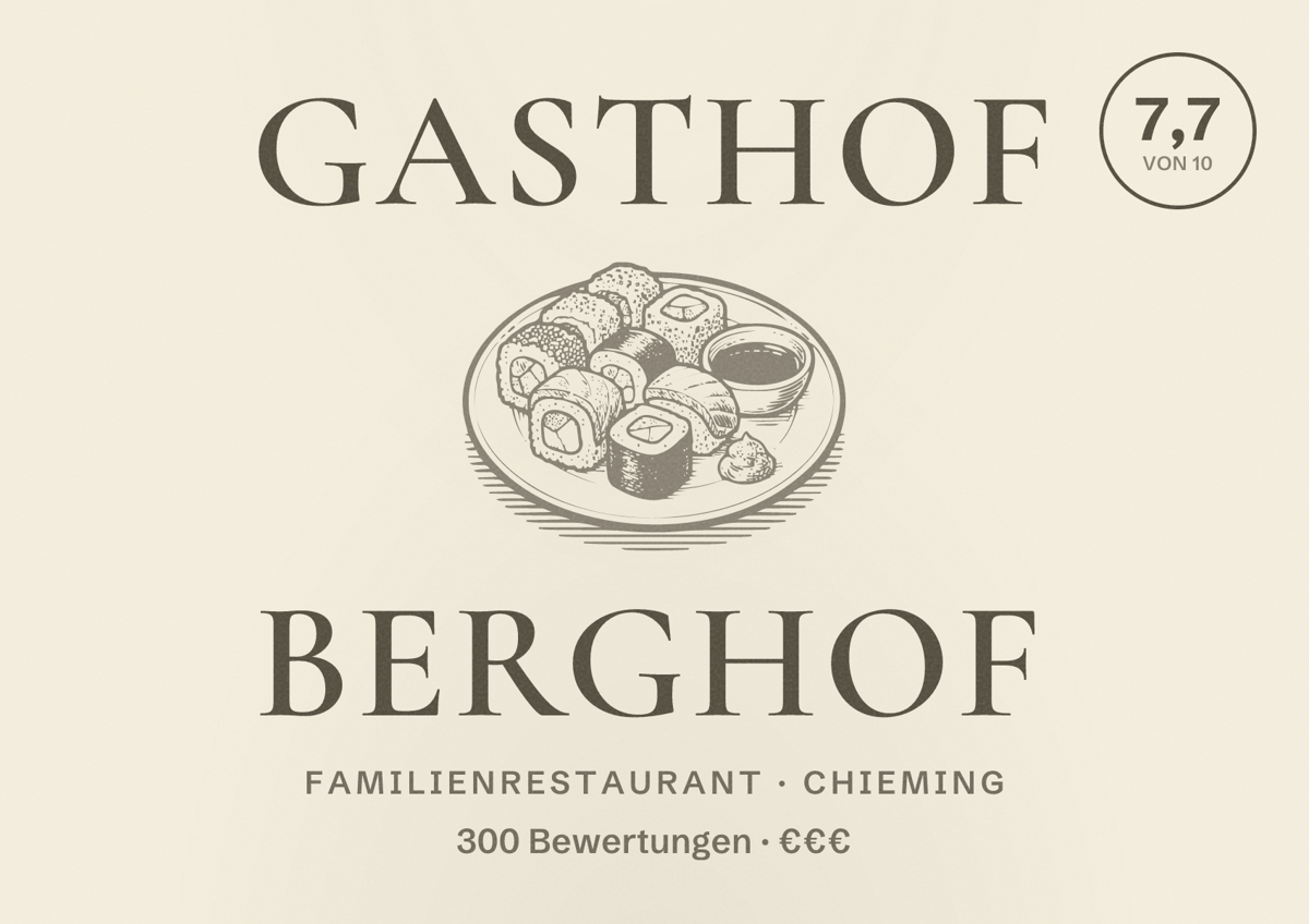 Illustriertes Poster von Gasthof Berghof, Familienrestaurant in Chieming: Bewertung 7,7 von 10 aus 300 Bewertungen, Preisniveau €€€