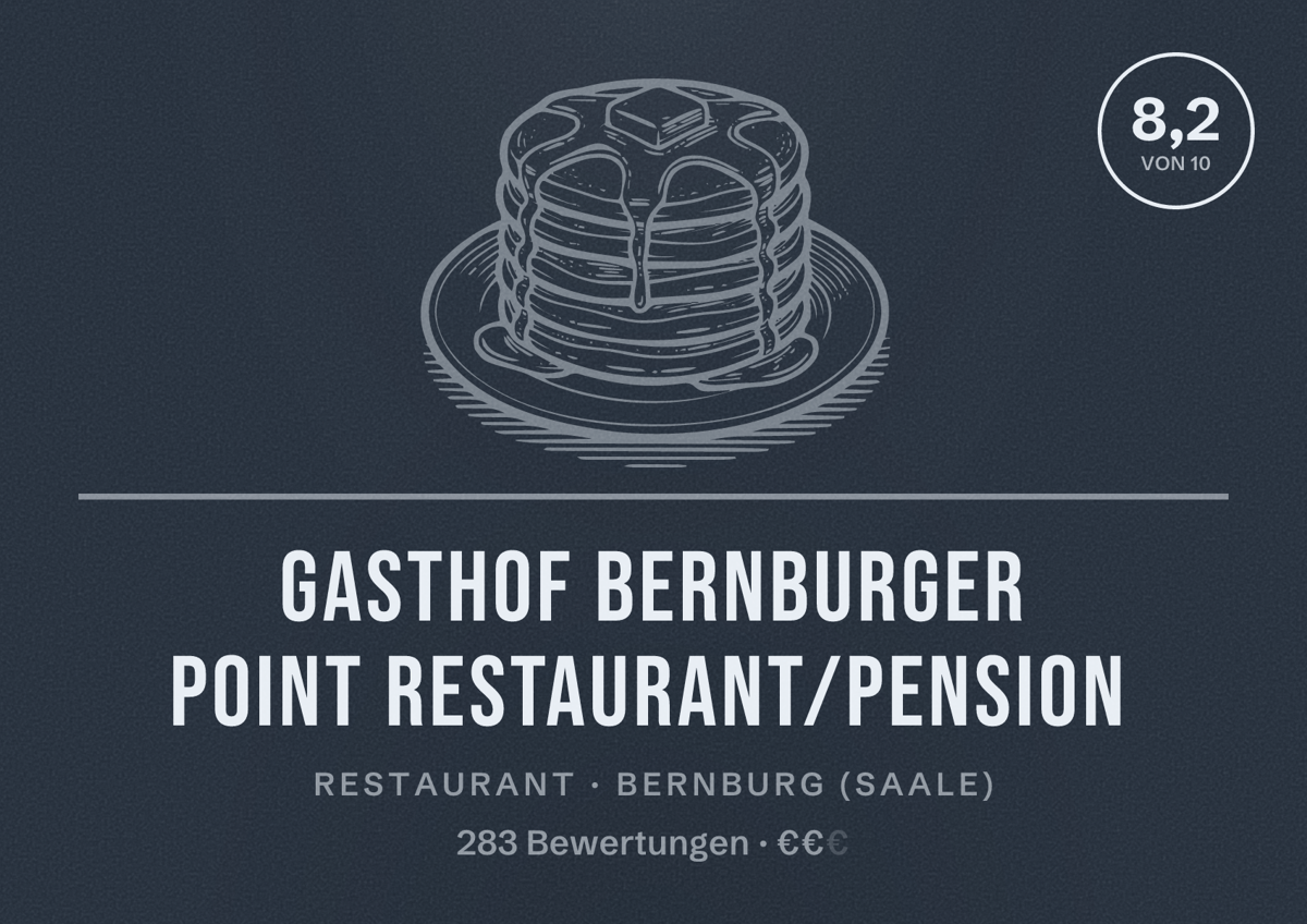 Illustriertes Poster von Gasthof Bernburger Point Restaurant/Pension, Restaurant in Bernburg (Saale): Bewertung 8,2 von 10 aus 283 Bewertungen, Preisniveau €€