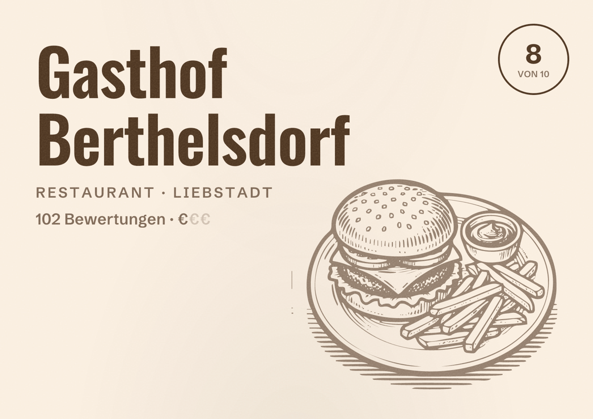 Illustriertes Poster von Gasthof Berthelsdorf, Restaurant in Liebstadt: Bewertung 8 von 10 aus 102 Bewertungen, Preisniveau €