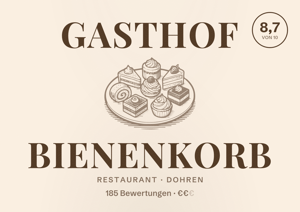 Illustriertes Poster von Gasthof Bienenkorb, Restaurant in Dohren: Bewertung 8,7 von 10 aus 185 Bewertungen, Preisniveau €€