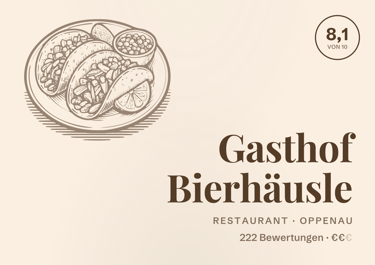 Illustriertes Poster von Gasthof Bierhäusle, Restaurant in Oppenau: Bewertung 8,1 von 10 aus 222 Bewertungen, Preisniveau €€