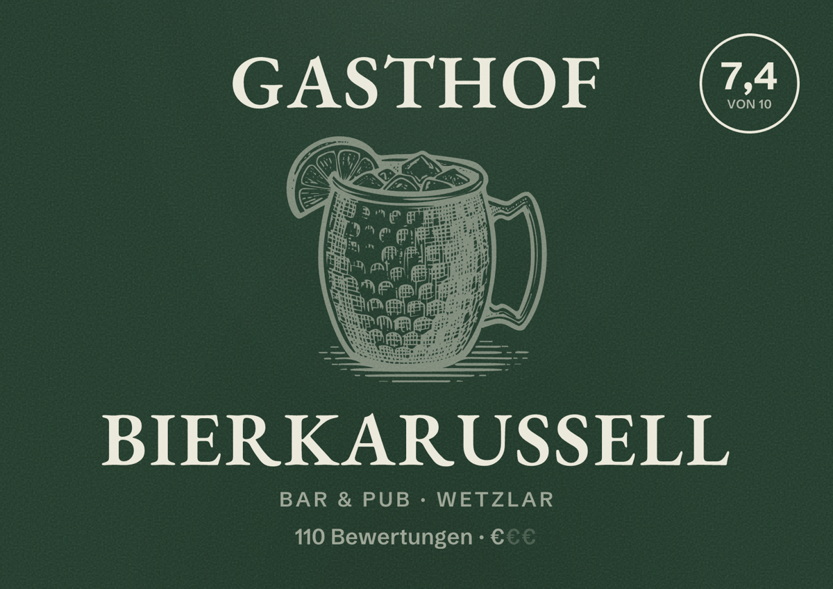Illustriertes Poster von Gasthof Bierkarussell, Bar & Pub in Wetzlar: Bewertung 7,4 von 10 aus 110 Bewertungen, Preisniveau €