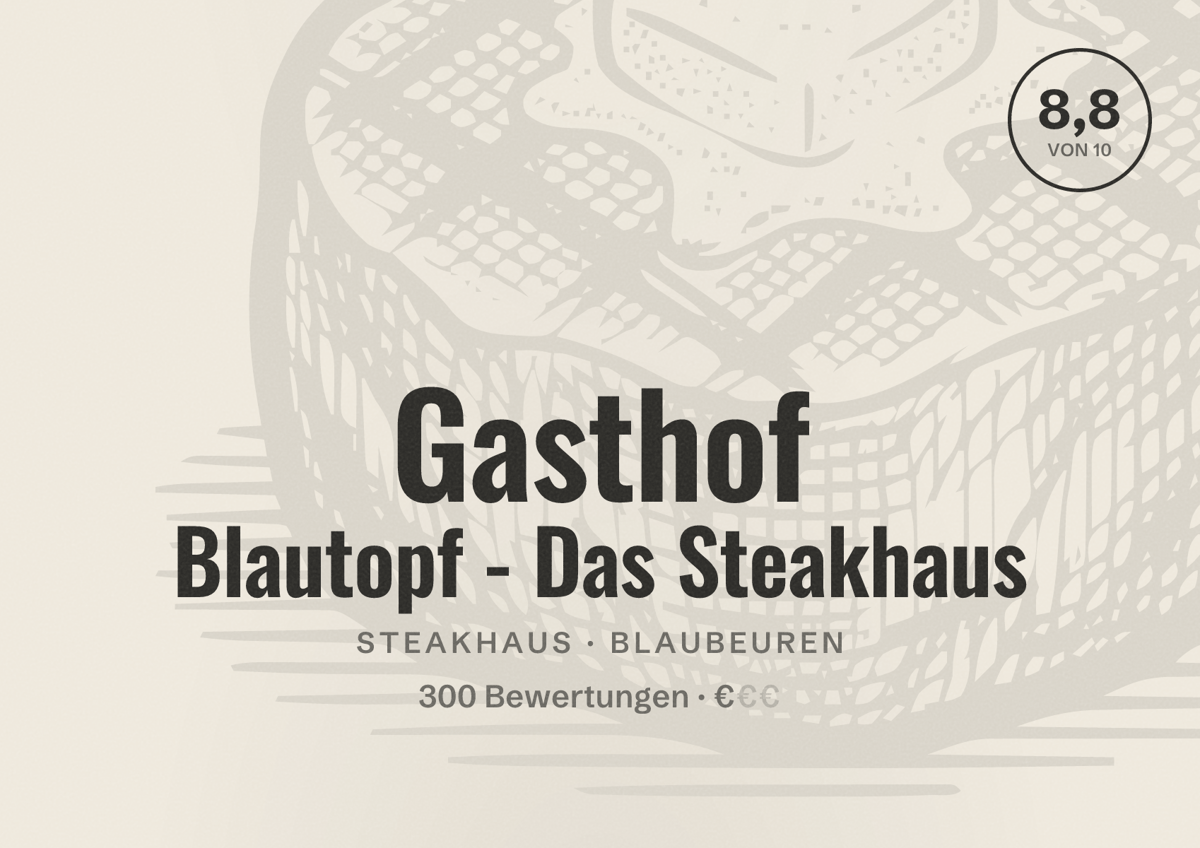 Illustriertes Poster von Gasthof Blautopf - Das Steakhaus, Steakhaus in Blaubeuren: Bewertung 8,8 von 10 aus 300 Bewertungen, Preisniveau €
