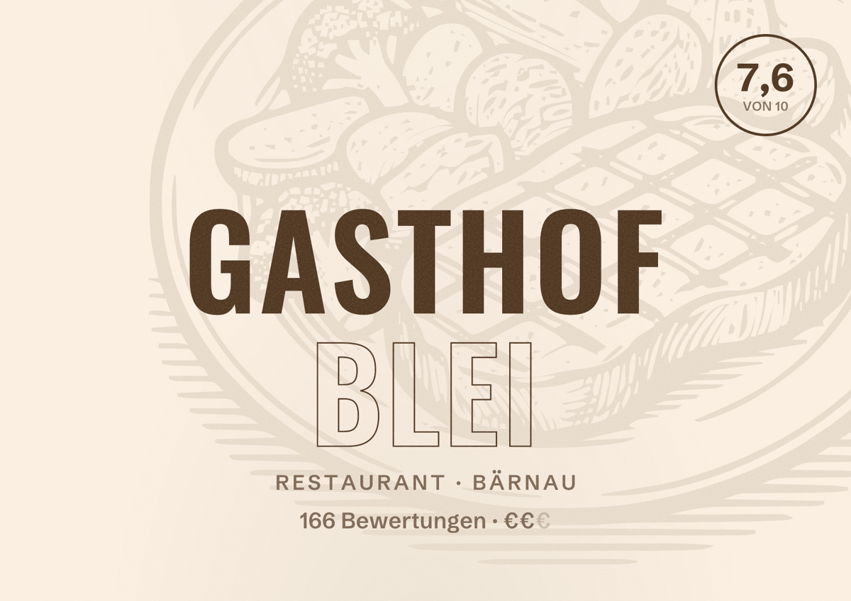 Illustriertes Poster von Gasthof Blei, Restaurant in Bärnau: Bewertung 7,6 von 10 aus 166 Bewertungen, Preisniveau €€