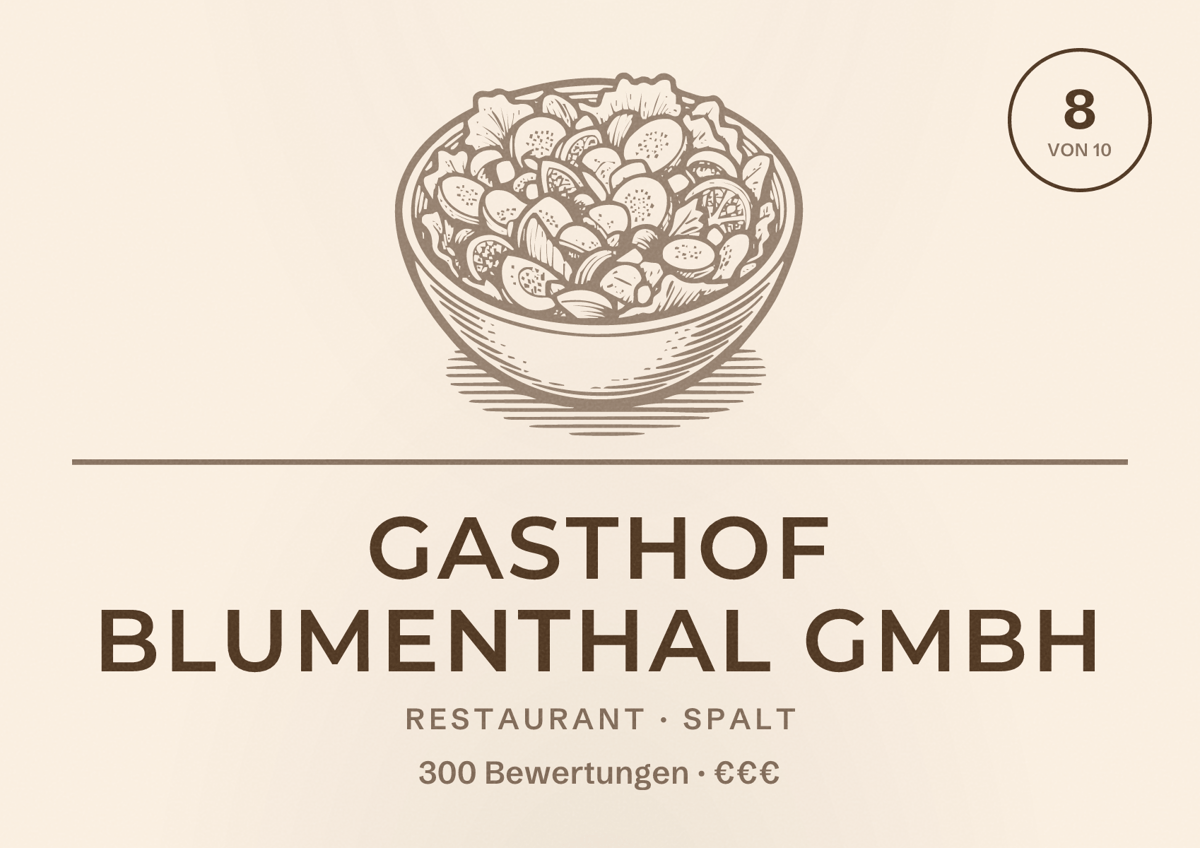 Illustriertes Poster von Gasthof Blumenthal GmbH, Restaurant in Spalt: Bewertung 8 von 10 aus 300 Bewertungen, Preisniveau €€€