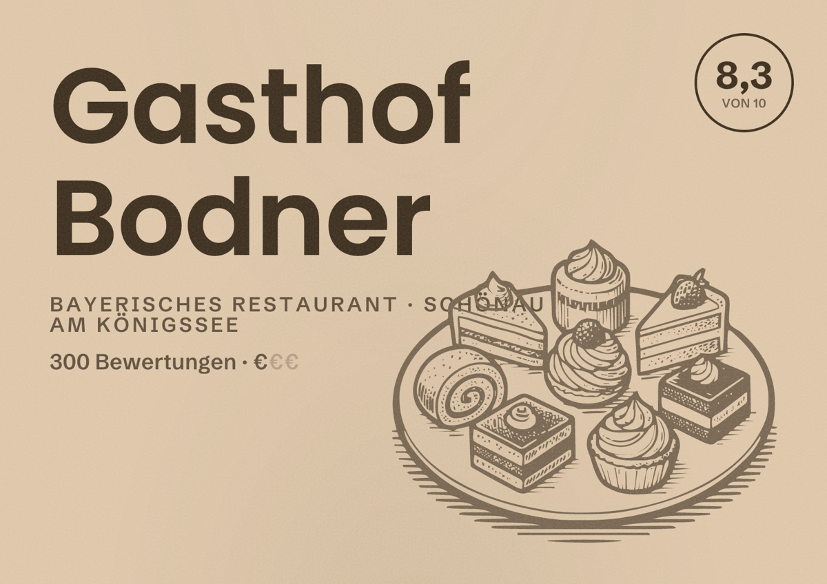 Illustriertes Poster von Gasthof Bodner, Bayerisches Restaurant in Schönau am Königssee: Bewertung 8,3 von 10 aus 300 Bewertungen, Preisniveau €