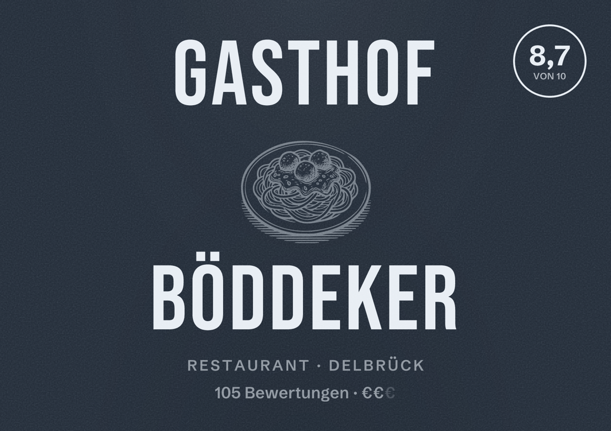 Illustriertes Poster von Gasthof Böddeker, Restaurant in Delbrück: Bewertung 8,7 von 10 aus 105 Bewertungen, Preisniveau €€