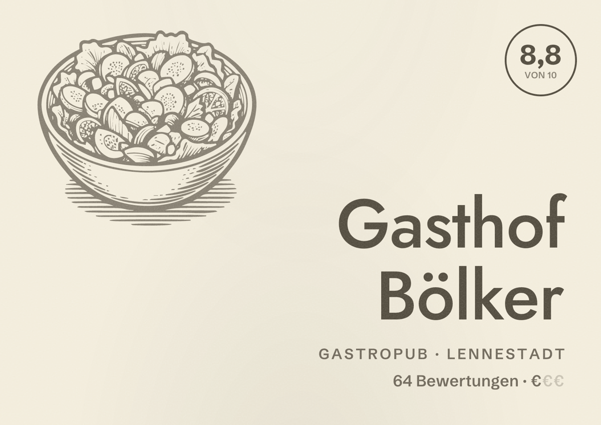 Illustriertes Poster von Gasthof Bölker, Gastropub in Lennestadt: Bewertung 8,8 von 10 aus 64 Bewertungen, Preisniveau €