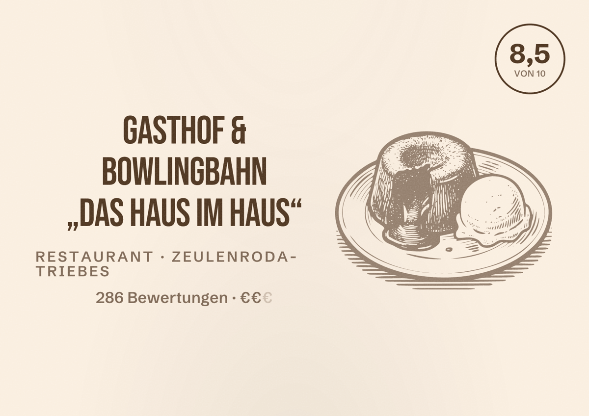 Illustriertes Poster von Gasthof & Bowlingbahn „Das Haus im Haus“, Restaurant in Zeulenroda-Triebes: Bewertung 8,5 von 10 aus 286 Bewertungen, Preisniveau €€