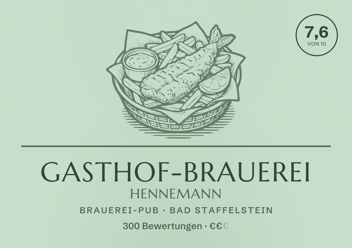 Illustriertes Poster von Gasthof-Brauerei Hennemann, Brauerei-Pub in Bad Staffelstein: Bewertung 7,6 von 10 aus 300 Bewertungen, Preisniveau €€