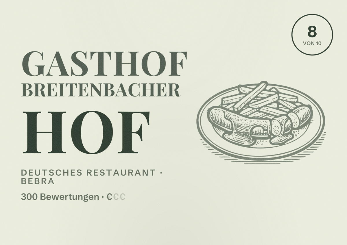 Illustriertes Poster von Gasthof Breitenbacher Hof, Deutsches Restaurant in Bebra: Bewertung 8 von 10 aus 300 Bewertungen, Preisniveau €