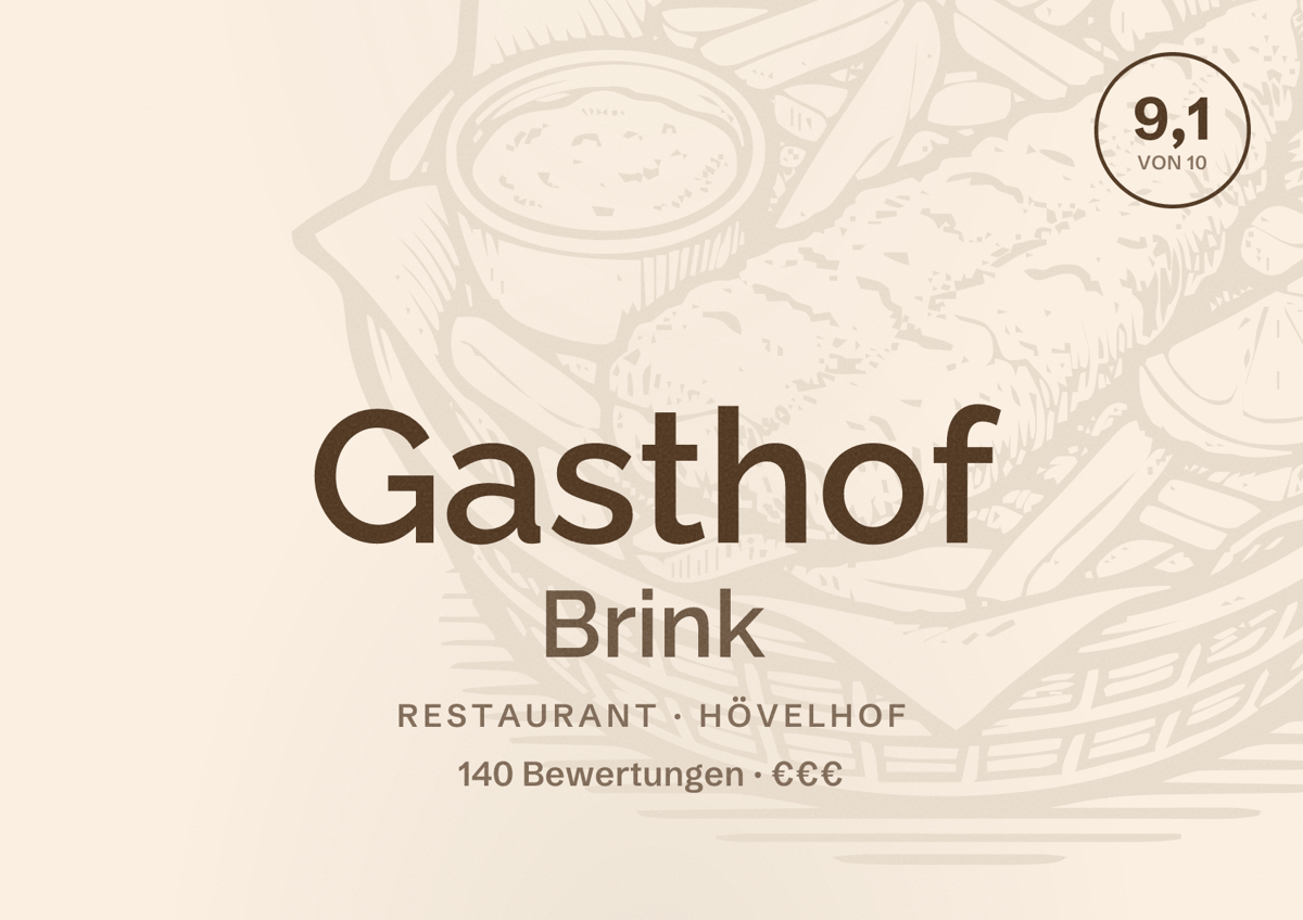 Illustriertes Poster von Gasthof Brink, Restaurant in Hövelhof: Bewertung 9,1 von 10 aus 140 Bewertungen, Preisniveau €€€